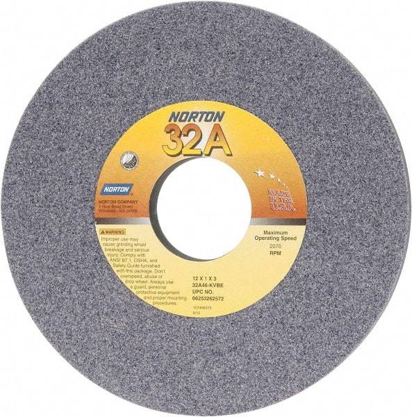 Norton - 12" Diam x 3" Hole x 1" Thick, K Hardness, 46 Grit Surface Grinding Wheel - Aluminum Oxide, Type 1, Coarse Grade, 2,070 Max RPM, Vitrified Bond, No Recess - Eagle Tool & Supply