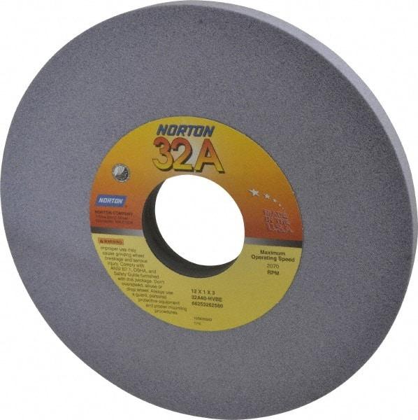Norton - 12" Diam x 3" Hole x 1" Thick, H Hardness, 60 Grit Surface Grinding Wheel - Aluminum Oxide, Type 1, Medium Grade, 2,070 Max RPM, Vitrified Bond, No Recess - Eagle Tool & Supply