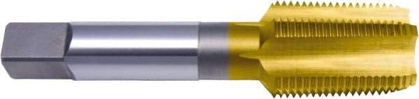 Vermont Tap & Die - 3/8-18 NPTF, 4 Flute, Taper Chamfer, TiN Finish, High Speed Steel, Extension Pipe Tap - 3-3/4" OAL, 0.48" Shank Diam, 1-1/16" Thread Length, 17/32" Square Size, 7/16" Square Length, Regular Hook, Series TN3180-E - Eagle Tool & Supply