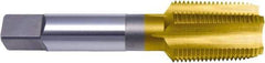 Vermont Tap & Die - 3/8-18 NPTF, 4 Flute, Taper Chamfer, TiN Finish, High Speed Steel, Extension Pipe Tap - 3-3/4" OAL, 0.48" Shank Diam, 1-1/16" Thread Length, 17/32" Square Size, 7/16" Square Length, Regular Hook, Series TN3180-E - Eagle Tool & Supply