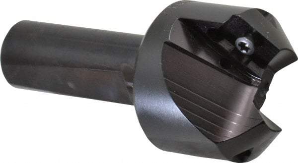 Kyocera - 45° Lead Angle, 1.65" Max Cut Diam, 0.8" Min Cut Diam, 0.44" Max Depth of Cut, Indexable Chamfer and Angle End Mill - 2 Inserts, APET 1604 Insert Style, 3-1/4" Overall Length, Straight Shank, 90° Included Angle - Eagle Tool & Supply