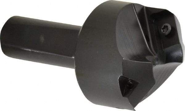 Kyocera - 60° Lead Angle, 1.85" Max Cut Diam, 0.8" Min Cut Diam, 0.308" Max Depth of Cut, Indexable Chamfer and Angle End Mill - 2 Inserts, APET 1604 Insert Style, 3-1/4" Overall Length, Straight Shank, 120° Included Angle - Eagle Tool & Supply