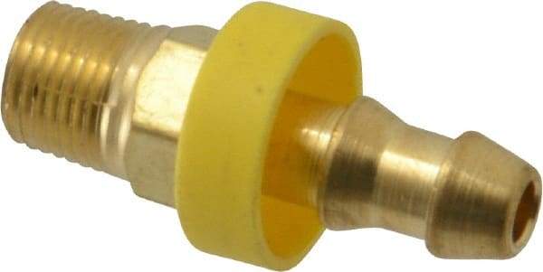 Eaton - 1/4" ID 1/8-27 NPT Barbed Push On Male Connector - 11/16" Cut Off Allowance, 1.29" Long, 7/16" Hex, Brass - Eagle Tool & Supply