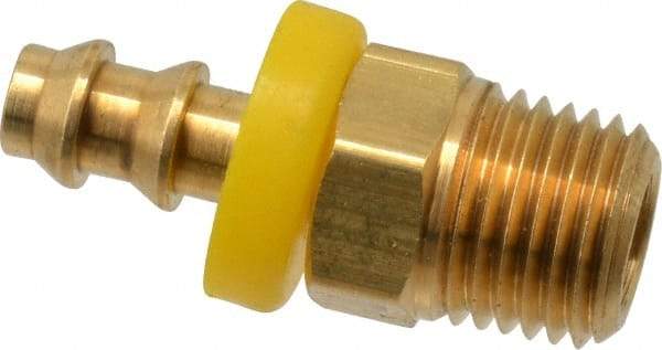 Eaton - 1/4" ID 1/4-18 NPT Barbed Push On Male Connector - 7/8" Cut Off Allowance, 1.52" Long, 9/16" Hex, Brass - Eagle Tool & Supply
