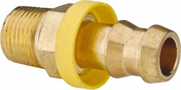 Eaton - 1/2" ID 3/8-18 NPT Barbed Push On Male Connector - 15/16" Cut Off Allowance, 1.85" Long, 11/16" Hex, Brass - Eagle Tool & Supply