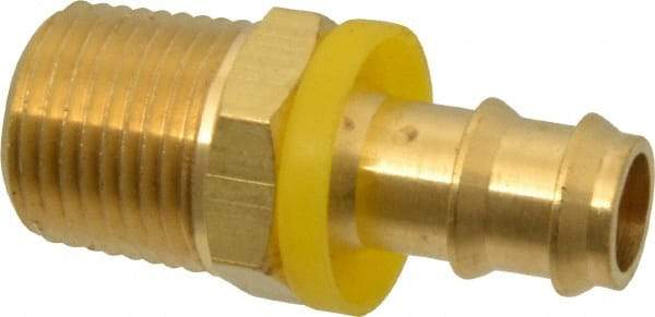 Eaton - 1/2" ID 1/2-14 NPT Barbed Push On Male Connector - 1-3/16" Cut Off Allowance, 2.1" Long, 7/8" Hex, Brass - Eagle Tool & Supply