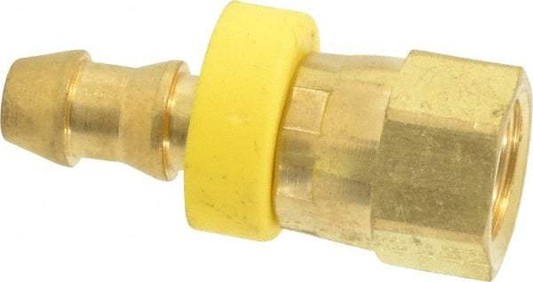 Eaton - 1/4" ID 7/16-20 UNF Barbed Push On Female JIC 37/SAE 45 Swivel Connector - 3/4" Cut Off Allowance, 1.38" Long, 9/16" Hex, Brass - Eagle Tool & Supply