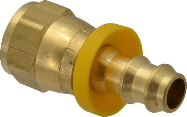 Eaton - 3/8" ID 5/8-18 UNF Barbed Push On Female SAE 45 Swivel Connector - 7/8" Cut Off Allowance, 1.62" Long, 3/4" Hex, Brass - Eagle Tool & Supply
