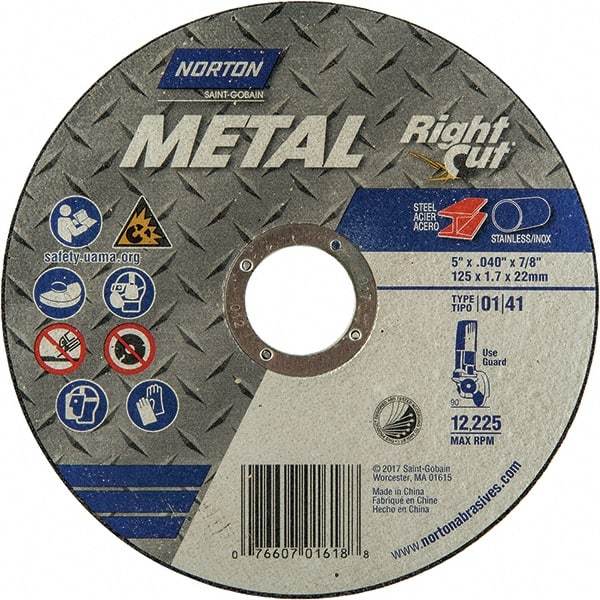 Norton - 5" 60 Grit Aluminum Oxide Cutoff Wheel - 0.04" Thick, 7/8" Arbor, 12,225 Max RPM, Use with Angle Grinders - Eagle Tool & Supply