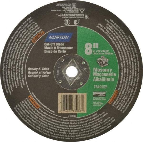 Norton - 8" 24 Grit Silicon Carbide Cutoff Wheel - 1/8" Thick, 5/8" Arbor, 7,640 Max RPM, Use with Circular Saws - Eagle Tool & Supply