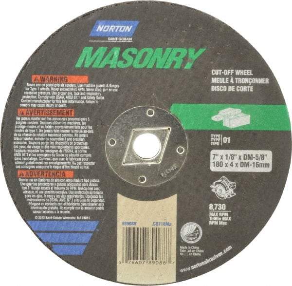 Norton - 7" 24 Grit Silicon Carbide Cutoff Wheel - 1/8" Thick, 5/8" Arbor, 8,730 Max RPM, Use with Circular Saws - Eagle Tool & Supply