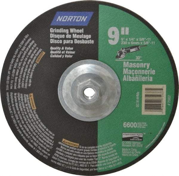 Norton - 24 Grit, 9" Wheel Diam, 1/4" Wheel Thickness, Type 27 Depressed Center Wheel - Silicon Carbide, 6,600 Max RPM, Compatible with Angle Grinder - Eagle Tool & Supply