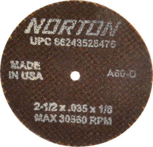 Norton - 2-1/2" 60 Grit Aluminum Oxide Cutoff Wheel - 0.035" Thick, 1/8" Arbor, 30,560 Max RPM, Use with Die Grinders - Eagle Tool & Supply