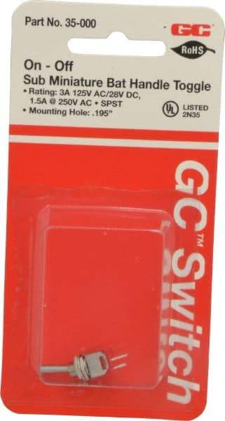 GC/Waldom - SPST Sub Miniature On-Off Toggle Switch - Solder Lug Terminal, Bat Handle Actuator, 125 VAC at 3 A & 250 VAC at 1.50 A - Eagle Tool & Supply