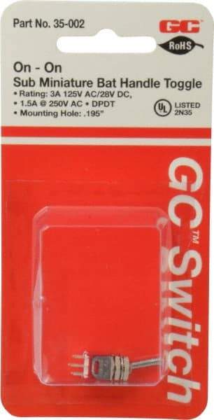 GC/Waldom - DPDT Sub Miniature On-On Toggle Switch - Solder Lug Terminal, Bat Handle Actuator, 125 VAC at 3 A & 250 VAC at 1.50 A - Eagle Tool & Supply