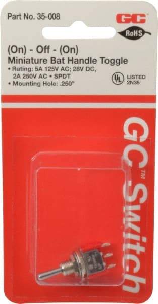 GC/Waldom - SPDT Miniature On-Off-On Toggle Switch - Solder Lug Terminal, Bat Handle Actuator, 125 VAC at 5 A & 250 VAC at 2 A - Eagle Tool & Supply