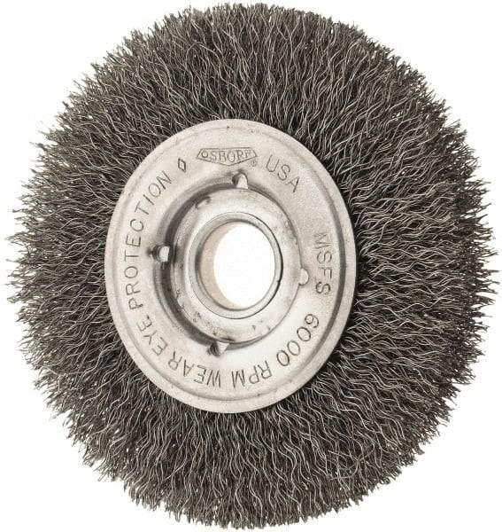 Osborn - 4" OD, 1/2 & 5/8" Arbor Hole, Crimped Steel Wheel Brush - 5/8" Face Width, 13/16" Trim Length, 0.0104" Filament Diam, 6,000 RPM - Eagle Tool & Supply