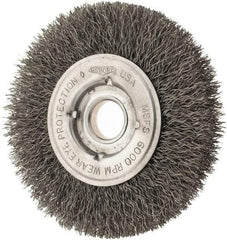 Osborn - 4" OD, 1/2 & 5/8" Arbor Hole, Crimped Steel Wheel Brush - 5/8" Face Width, 13/16" Trim Length, 0.0104" Filament Diam, 6,000 RPM - Eagle Tool & Supply