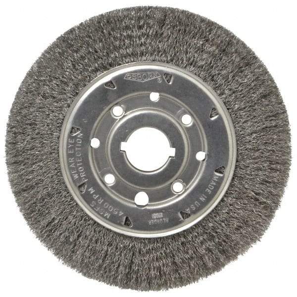 Osborn - 8" OD, 1-1/4" Arbor Hole, Crimped Steel Wheel Brush - 5/8" Face Width, 1-1/2" Trim Length, 0.0104" Filament Diam, 4,500 RPM - Eagle Tool & Supply