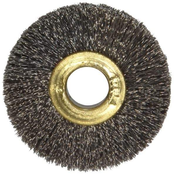 Osborn - 1-1/2" OD, 3/8" Arbor Hole, Crimped Stainless Steel Wheel Brush - 7/32" Face Width, 3/8" Trim Length, 0.005" Filament Diam, 20,000 RPM - Eagle Tool & Supply