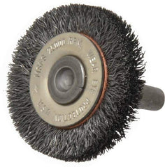 Osborn - 1-1/2" OD, 1/4" Shank Diam, Crimped Steel Wheel Brush - 3/8" Face Width, 9/32" Trim Length, 0.008" Filament Diam, 25,000 RPM - Eagle Tool & Supply