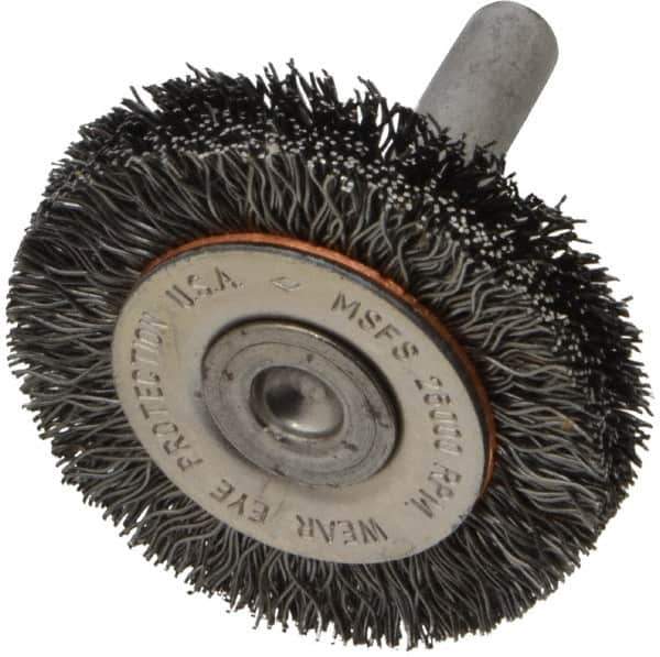 Osborn - 1-1/2" OD, 1/4" Shank Diam, Crimped Steel Wheel Brush - 3/8" Face Width, 9/32" Trim Length, 0.0118" Filament Diam, 25,000 RPM - Eagle Tool & Supply