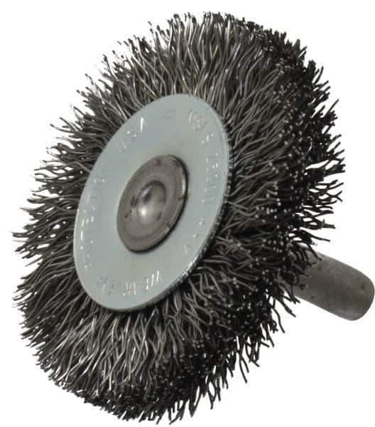 Osborn - 2" OD, 1/4" Shank Diam, Crimped Steel Wheel Brush - 3/8" Face Width, 7/16" Trim Length, 0.014" Filament Diam, 25,000 RPM - Eagle Tool & Supply