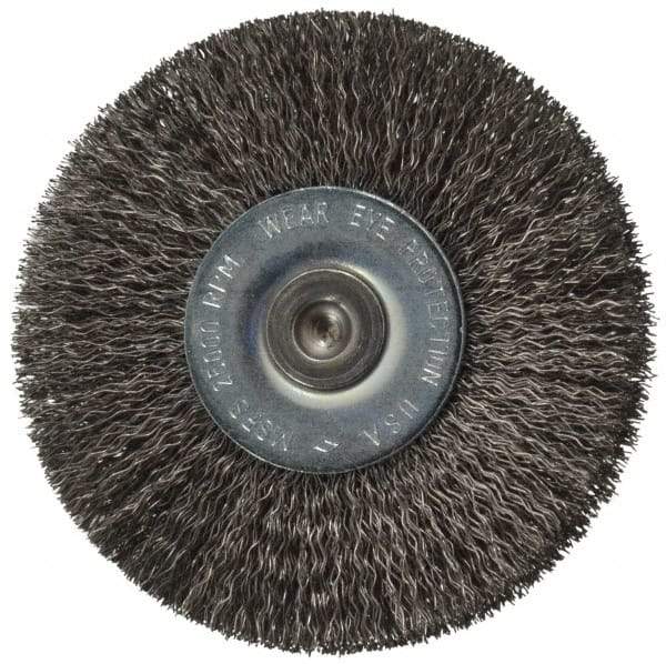 Osborn - 2-1/2" OD, 1/4" Shank Diam, Crimped Steel Wheel Brush - 7/16" Face Width, 11/16" Trim Length, 0.008" Filament Diam, 25,000 RPM - Eagle Tool & Supply