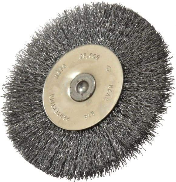 Osborn - 3" OD, 1/4" Shank Diam, Crimped Steel Wheel Brush - 7/16" Face Width, 3/4" Trim Length, 0.008" Filament Diam, 25,000 RPM - Eagle Tool & Supply