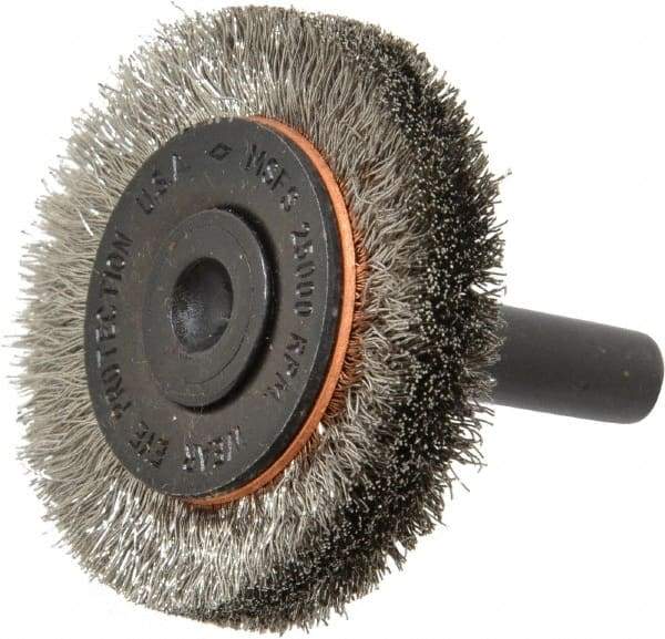 Osborn - 1-1/2" OD, 1/4" Shank Diam, Crimped Stainless Steel Wheel Brush - 3/8" Face Width, 9/32" Trim Length, 0.006" Filament Diam, 25,000 RPM - Eagle Tool & Supply