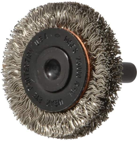 Osborn - 1-1/2" OD, 1/4" Shank Diam, Crimped Stainless Steel Wheel Brush - 3/8" Face Width, 9/32" Trim Length, 0.012" Filament Diam, 25,000 RPM - Eagle Tool & Supply