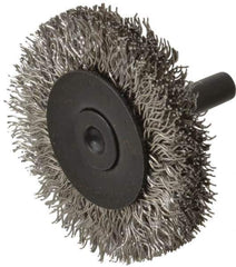 Osborn - 2" OD, 1/4" Shank Diam, Crimped Stainless Steel Wheel Brush - 3/8" Face Width, 7/16" Trim Length, 0.014" Filament Diam, 25,000 RPM - Eagle Tool & Supply