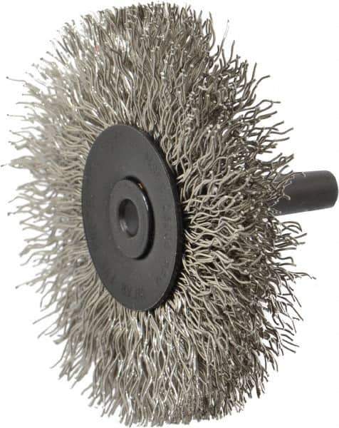 Osborn - 2-1/2" OD, 1/4" Shank Diam, Crimped Stainless Steel Wheel Brush - 7/16" Face Width, 11/16" Trim Length, 0.014" Filament Diam, 25,000 RPM - Eagle Tool & Supply