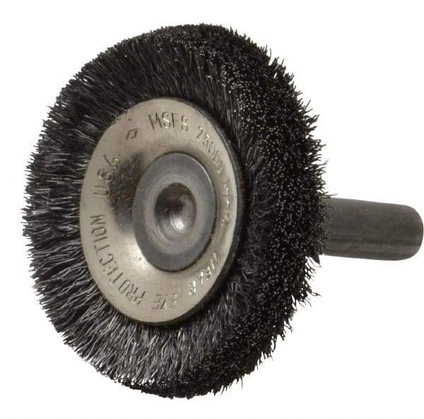 Osborn - 1-1/2" OD, 1/4" Shank Diam, Crimped Steel Wheel Brush - 3/8" Face Width, 3/8" Trim Length, 0.006" Filament Diam, 20,000 RPM - Eagle Tool & Supply