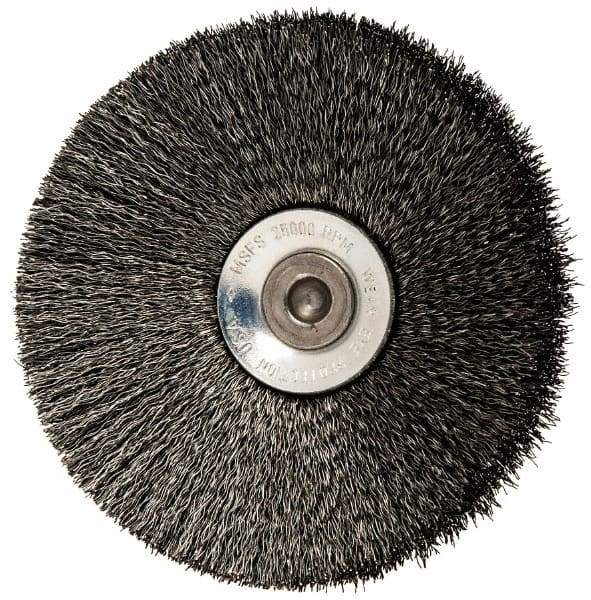 Osborn - 3" OD, 1/4" Shank Diam, Crimped Steel Wheel Brush - 7/16" Face Width, 15/16" Trim Length, 0.006" Filament Diam, 20,000 RPM - Eagle Tool & Supply