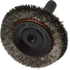 Osborn - 1-1/2" OD, 1/4" Shank Diam, Crimped Stainless Steel Wheel Brush - 3/8" Face Width, 3/8" Trim Length, 0.006" Filament Diam, 20,000 RPM - Eagle Tool & Supply