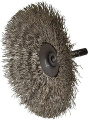 Osborn - 4" OD, 1/4" Shank Diam, Crimped Stainless Steel Wheel Brush - 1/2" Face Width, 1-7/16" Trim Length, 0.014" Filament Diam, 15,000 RPM - Eagle Tool & Supply