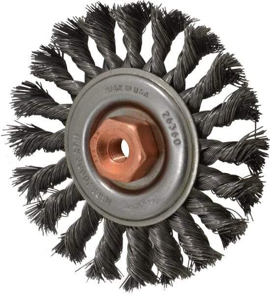 Osborn - 4" OD, 3/8-24 Arbor Hole, Knotted Steel Wheel Brush - 3/8" Face Width, 7/8" Trim Length, 0.014" Filament Diam, 20,000 RPM - Eagle Tool & Supply