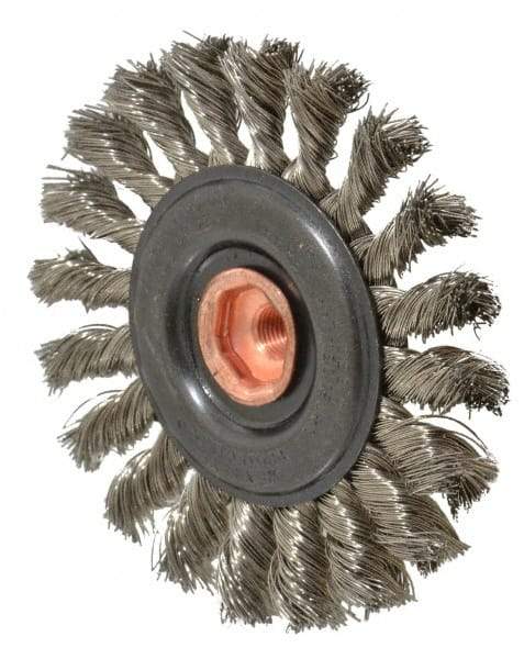 Osborn - 4" OD, 3/8-24 Arbor Hole, Knotted Stainless Steel Wheel Brush - 3/8" Face Width, 7/8" Trim Length, 0.014" Filament Diam, 20,000 RPM - Eagle Tool & Supply