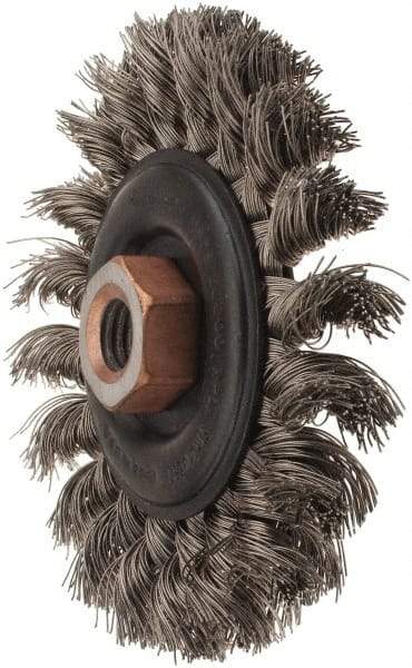 Osborn - 4" OD, 1/2-13 Arbor Hole, Knotted Stainless Steel Wheel Brush - 3/8" Face Width, 7/8" Trim Length, 0.014" Filament Diam, 20,000 RPM - Eagle Tool & Supply