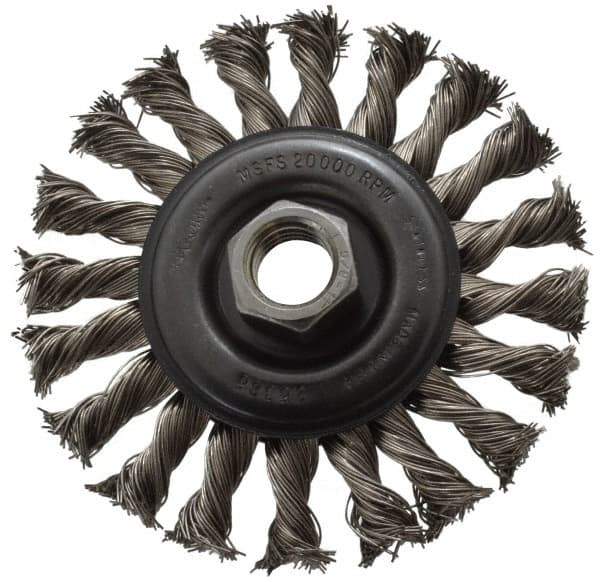 Osborn - 4" OD, 5/8-11 Arbor Hole, Knotted Stainless Steel Wheel Brush - 3/8" Face Width, 7/8" Trim Length, 0.02" Filament Diam, 20,000 RPM - Eagle Tool & Supply