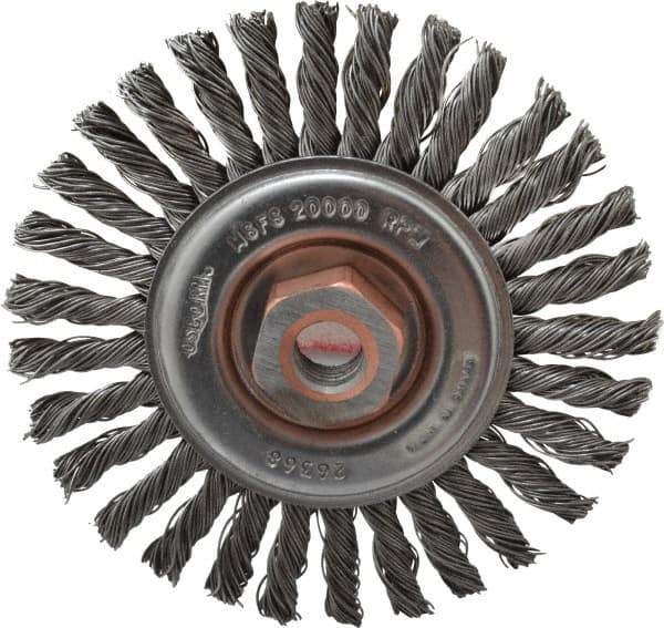 Osborn - 4" OD, 1/2-13 Arbor Hole, Knotted Steel Wheel Brush - 1/4" Face Width, 7/8" Trim Length, 0.02" Filament Diam, 20,000 RPM - Eagle Tool & Supply