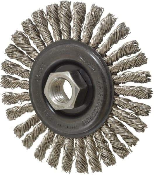 Osborn - 4" OD, 5/8-11 Arbor Hole, Knotted Stainless Steel Wheel Brush - 1/4" Face Width, 7/8" Trim Length, 0.02" Filament Diam, 20,000 RPM - Eagle Tool & Supply