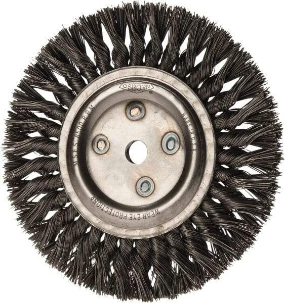 Osborn - 8" OD, 5/8" Arbor Hole, Knotted Steel Wheel Brush - 5/8" Face Width, 1-11/16" Trim Length, 0.025" Filament Diam, 8,500 RPM - Eagle Tool & Supply