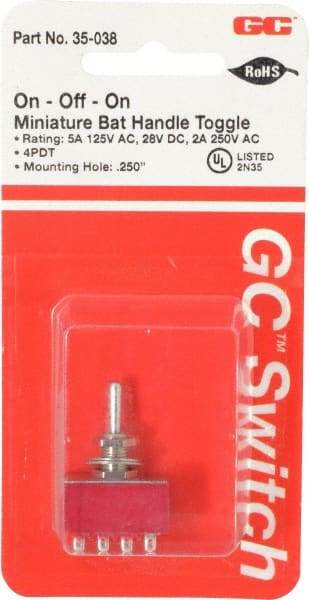 GC/Waldom - 4PDT Miniature On-Off-On Toggle Switch - Solder Lug Terminal, Bat Handle Actuator, 125 VAC at 5 A & 250 VAC at 2 A - Eagle Tool & Supply