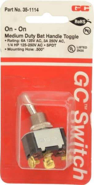 GC/Waldom - SPDT Medium Duty On-On Toggle Switch - Screw Terminal, Bat Handle Actuator, 1/4 hp at 125/250 VAC hp, 125 VAC at 6 A & 250 VAC at 3 A - Eagle Tool & Supply