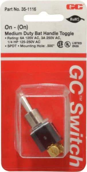 GC/Waldom - SPDT Medium Duty On-On Toggle Switch - Screw Terminal, Bat Handle Actuator, 1/4 hp at 125/250 VAC hp, 125 VAC at 6 A & 250 VAC at 3 A - Eagle Tool & Supply