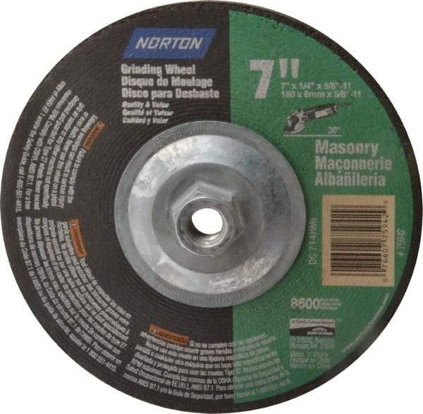 Norton - 24 Grit, 7" Wheel Diam, 1/4" Wheel Thickness, Type 27 Depressed Center Wheel - Silicon Carbide, 8,600 Max RPM, Compatible with Angle Grinder - Eagle Tool & Supply