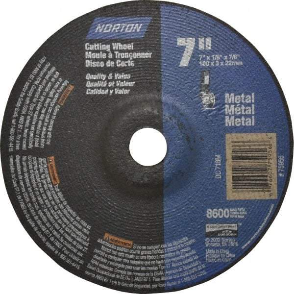 Norton - 60 Grit, 7" Wheel Diam, 1/8" Wheel Thickness, 7/8" Arbor Hole, Type 27 Depressed Center Wheel - Aluminum Oxide, 8,600 Max RPM, Compatible with Angle Grinder - Eagle Tool & Supply