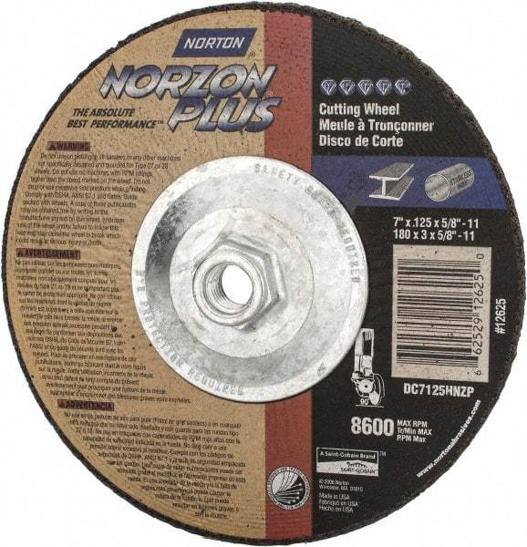 Norton - 7" Wheel Diam, 1/8" Wheel Thickness, Type 27 Depressed Center Wheel - Ceramic, 8,600 Max RPM, Compatible with Angle Grinder - Eagle Tool & Supply
